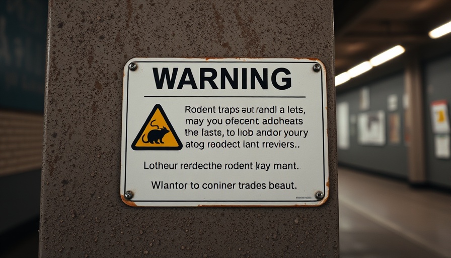 Rodent trap warning sign in Msheireb Downtown Doha, indoor setting.