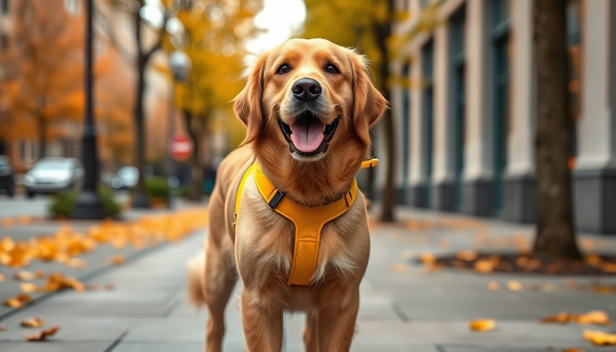 Golden retriever in yellow harness on a sidewalk, showcasing dog walking safety.
