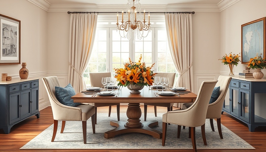 Elegant dining room with fall home decor ideas featuring blue accents.