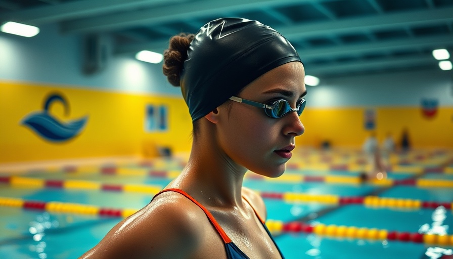 Regan Smith, focused swimmer, adjusting her gear poolside, vibrant dynamic scene.