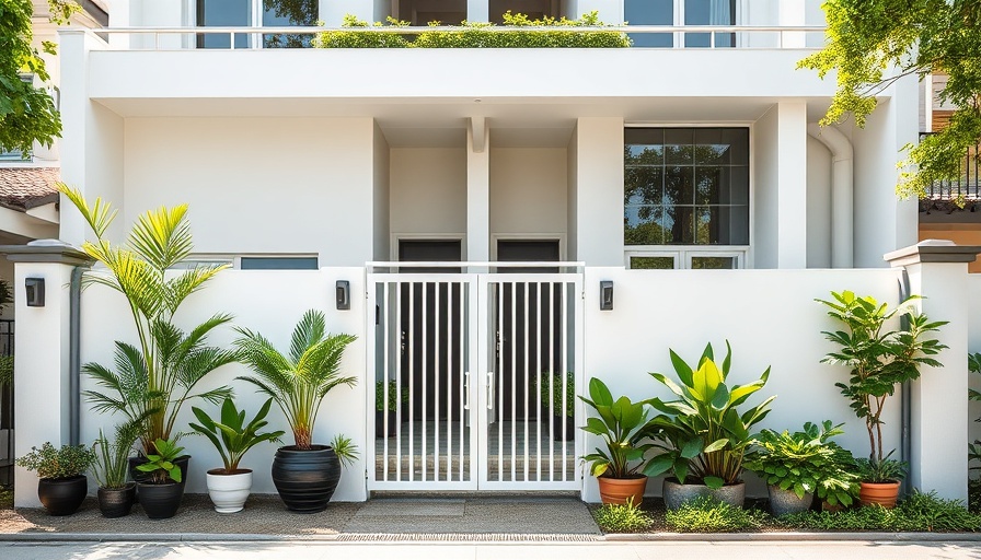 Modern twin house facade with lush greenery and sleek design gate in daytime.