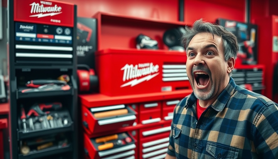 Excited man with Milwaukee Mechanics Tool Sets, exploring pricing.