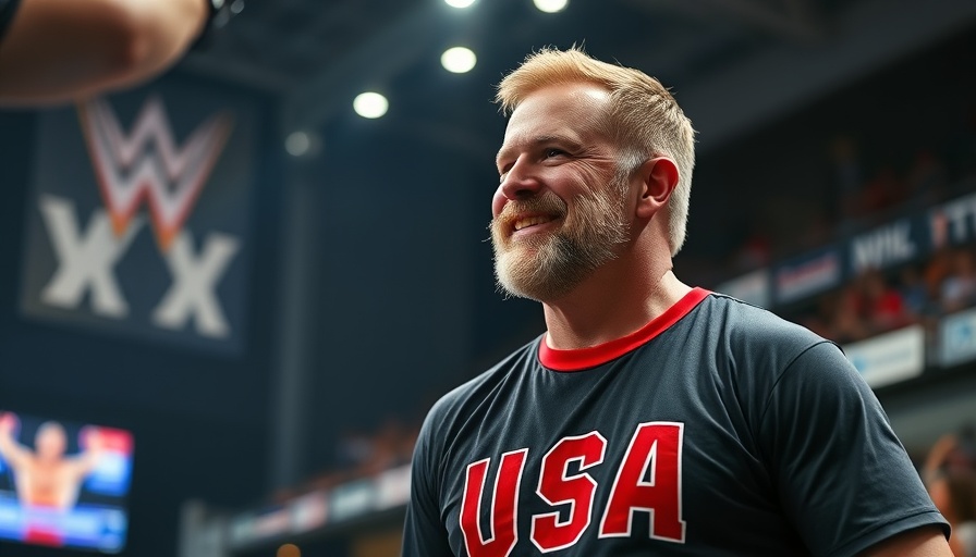 2025 Wrestling World Championships, man smiling at event with sponsor logos.