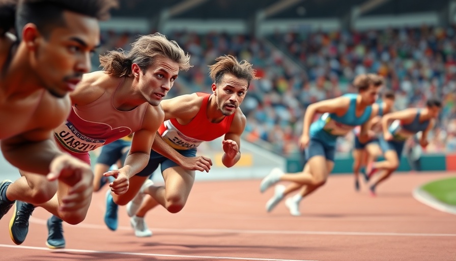 Track athletes sprinting in a race, Hocker Disqualification.
