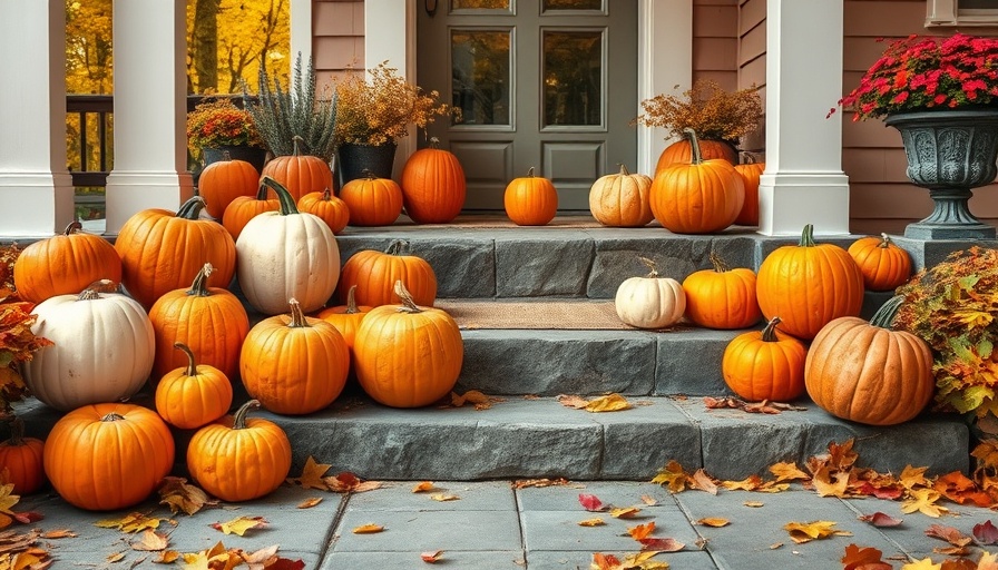 Vibrant fall decorating ideas with pumpkins on stone steps.