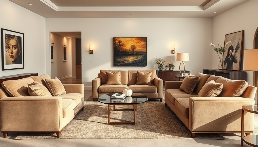 Elegant living room with plush sofas and modern art, timeless design.