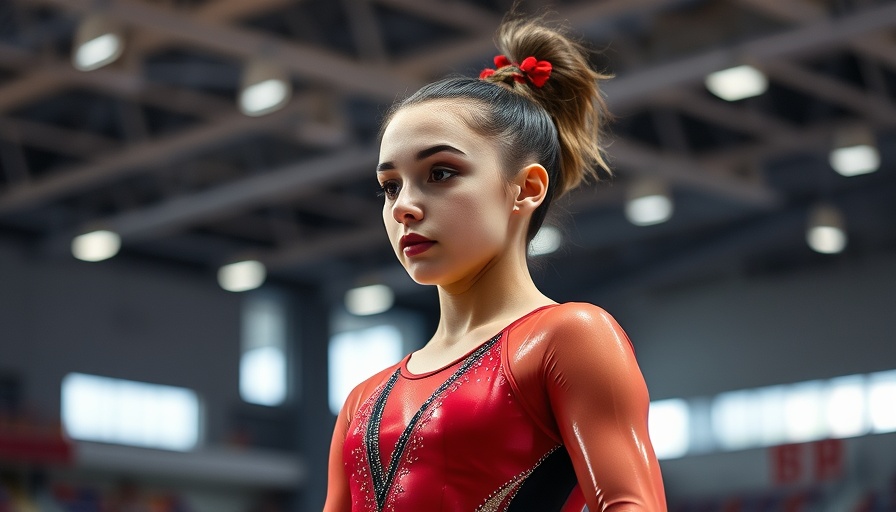 Gymnast in red and black attire preparing for uneven bars performance.