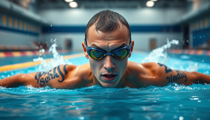 Focused swimmer emerging in pool with goggles, detailed tattoos
