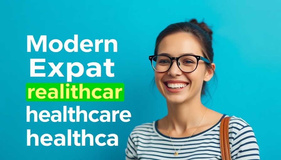 Smiling woman with glasses, expat healthcare in Mexico text, blue background