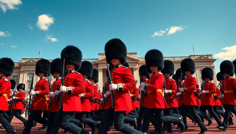 Marching band of guards at Buckingham Palace during UK event.