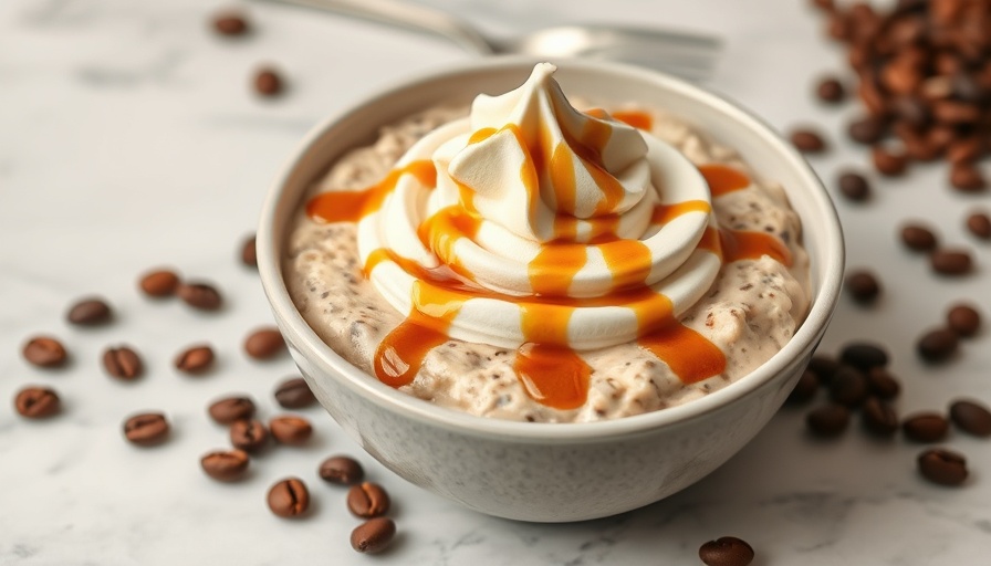 Coffee overnight oats with toppings on marble surface, close-up.