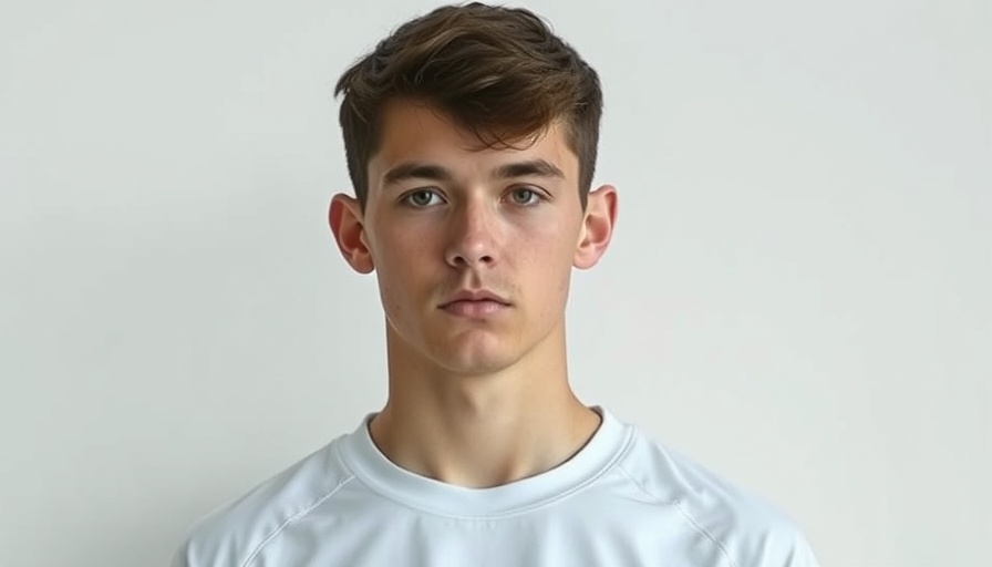 Peyton Jacobson wrestles in white sports shirt, standing against plain backdrop