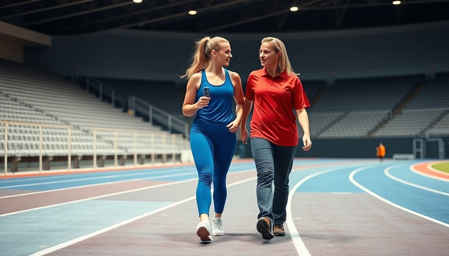 Athlete and coach discussing lane choice on indoor track.