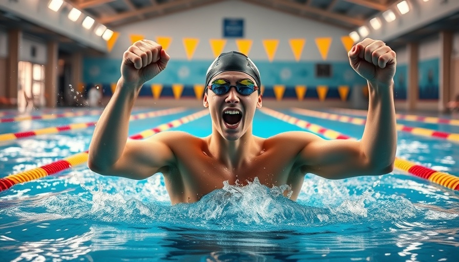 Swimmer celebrating victory in pool, reminiscent of Matt Biondi's 1988 Olympics.