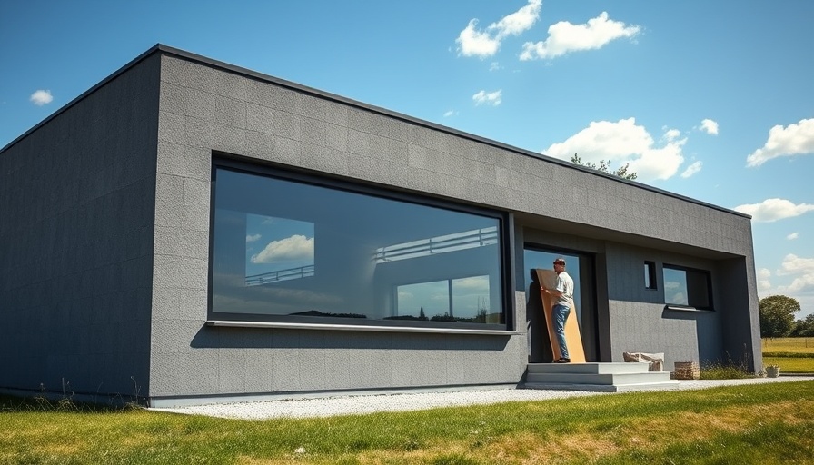 Modern foam board construction house with person installing panels.