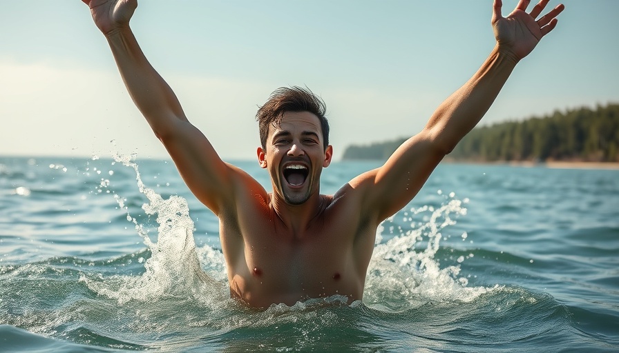 Energetic young man enjoying water sports excitement, emerging from ocean.