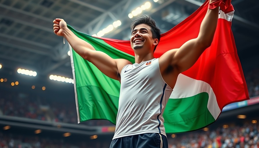World Championships Men's Triple Jump winner celebrating with flag.