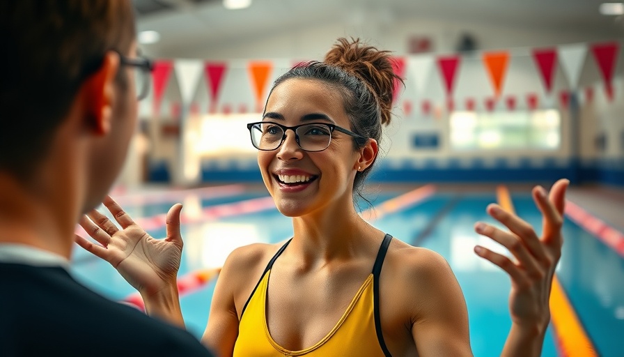 Young woman discussing swimming in front of pool background.