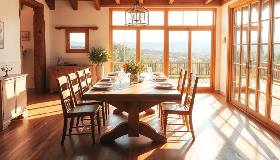 Dining room with wooden table set, sunny view outside.