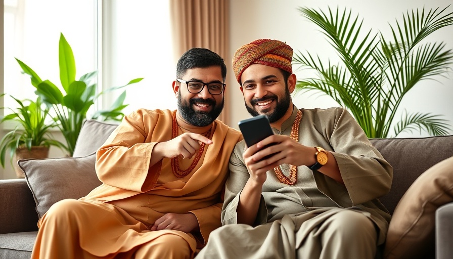 Two men checking black points on UAE license on a smartphone, smiling.