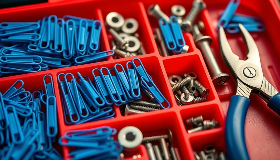 Organized tool kit with blue paper clips in red case.