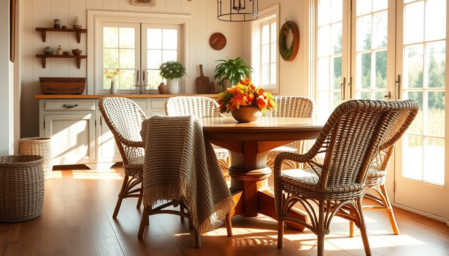 Rustic farmhouse dining area with wicker chairs and wooden table, showcasing farmhouse decor trends.
