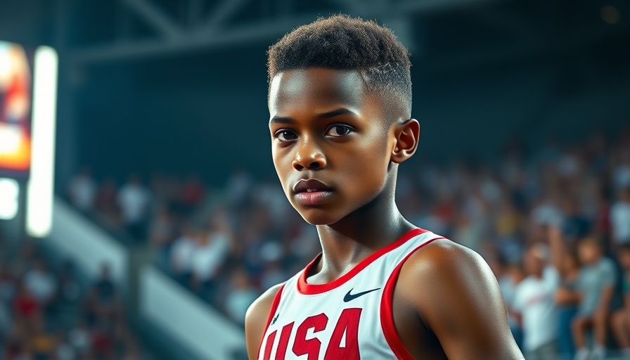 Focused athlete in USA track uniform at competition, Track and Field in America.