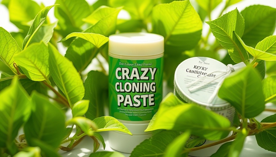 Keiki paste for plants near vibrant green leaves, bright lighting.