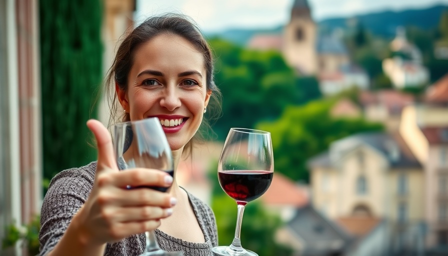 Happy woman promotes European countries for retirees with city backdrop.