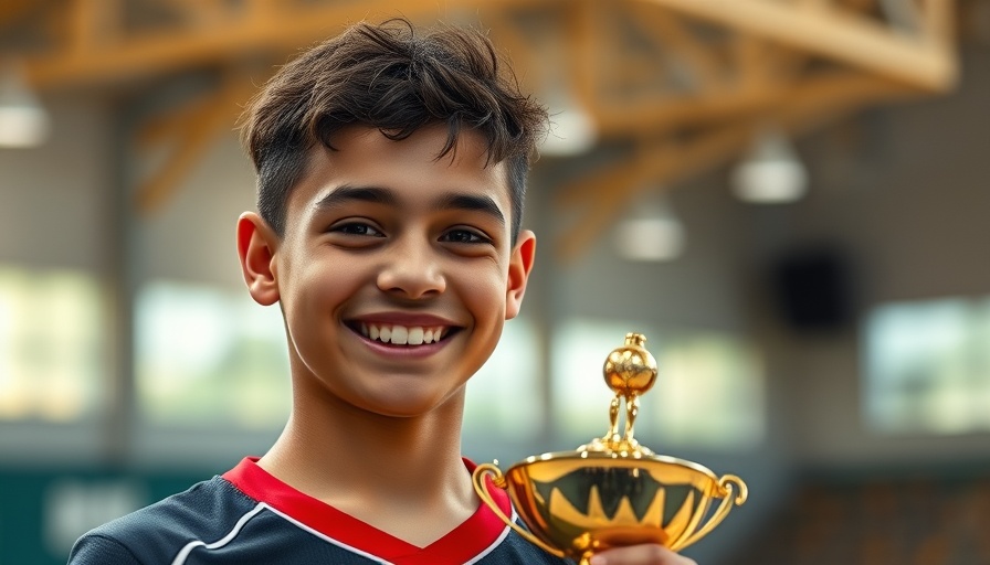 Young athlete holding trophy at indoor facility, smiling.