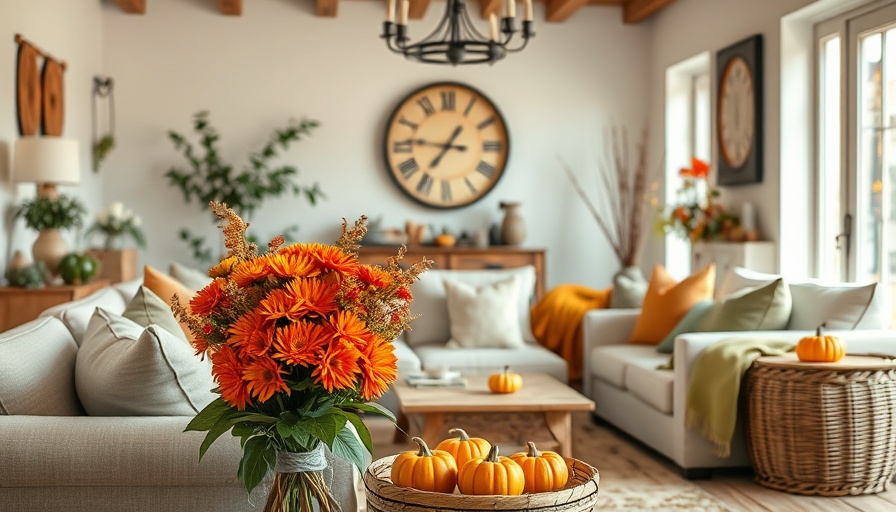 Cozy fall home decor with flowers and pumpkins in a living room.