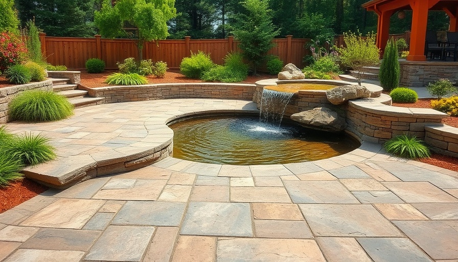 Backyard water feature maintenance on a stone patio with lush greenery.