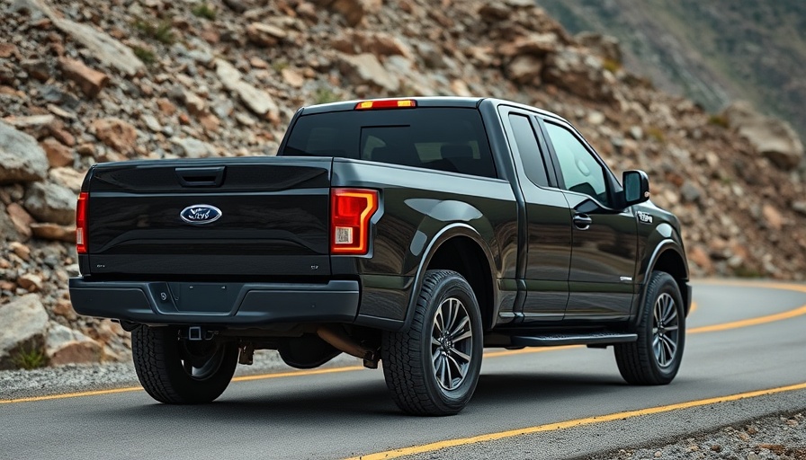 Black pickup truck with amber lights on mountain road.