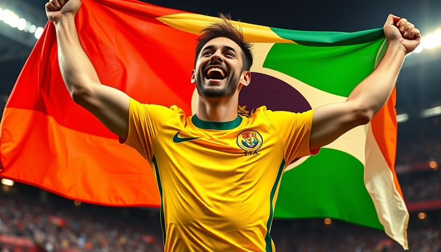 Joyful male athlete celebrates with national flag at Men's Discus Final Results.
