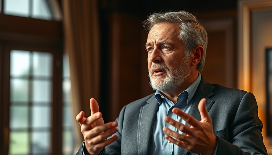 Middle-aged man discussing a topic in a cinematic indoor setting.