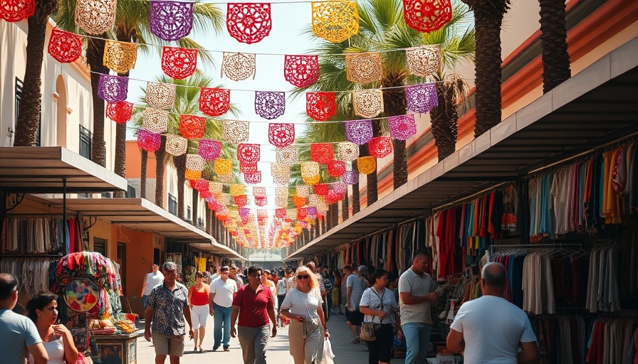 Colorful street market in Mexico with festive decorations and palm trees.