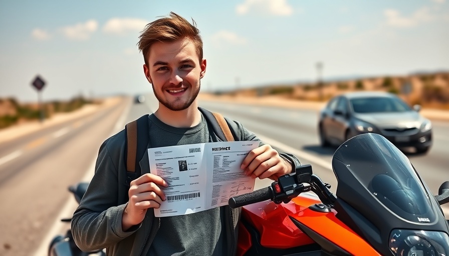 Young man with driver's license beside motorcycle on roadside for Visa for car drivers and bike riders.