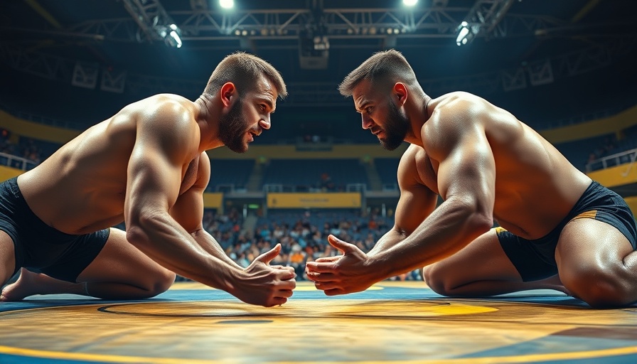 Wrestling strategies in major tournaments depicted in an intense match.