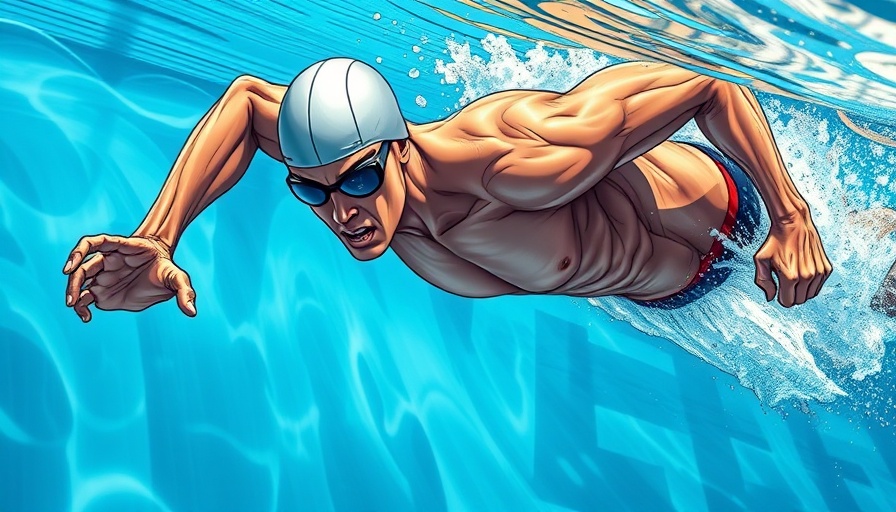 Illustration of swimmer's muscular anatomy underwater showcasing health benefits of swimming.