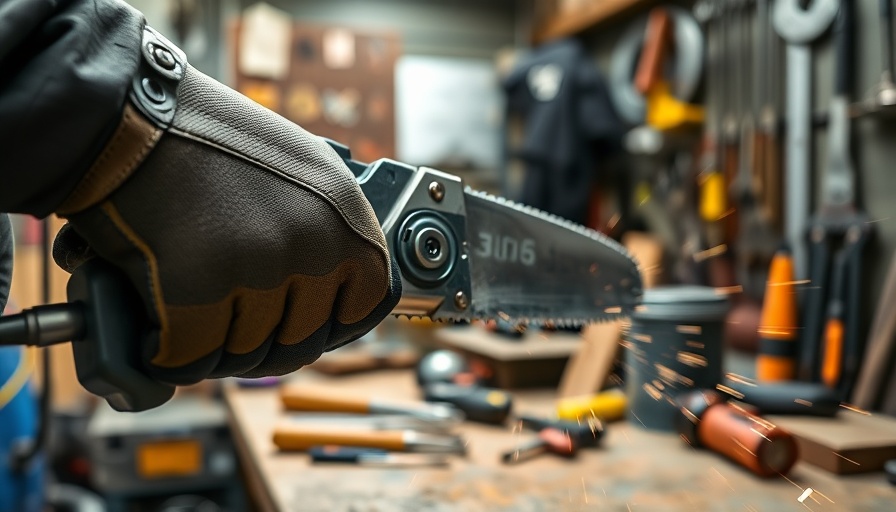 Gloved hand using reciprocating saw blade for home improvement.