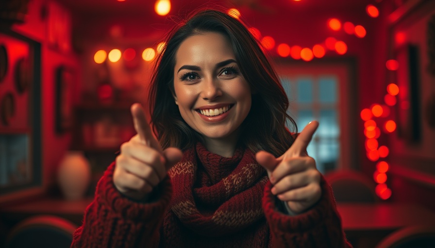 Woman in cozy setting, pointing and smiling with warmth.