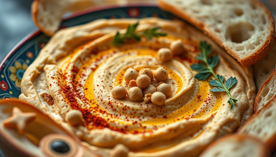Fresh Arabic bread with hummus on conveyor belt in Qatar.