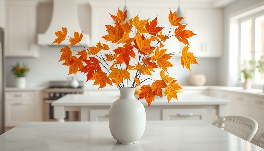 Elegant fall home decoration inspiration with autumn leaves on a kitchen island.