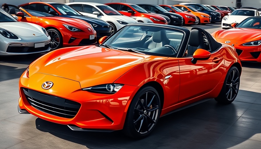 Tom Matano Mazda Miata designer, vibrant orange Mazda Miata parked in lot.