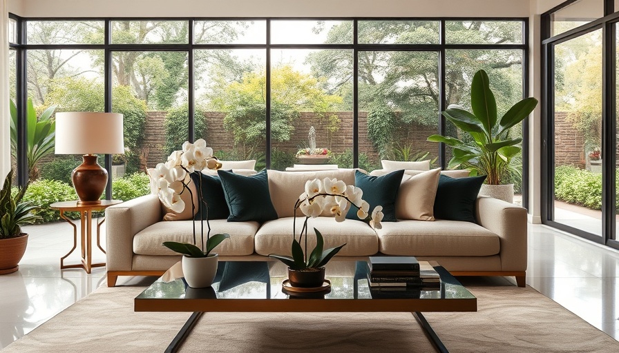 Luxurious modern living room with elegant decor and beige sofa.