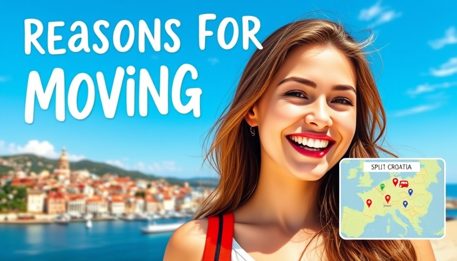 Living in Split, Croatia travel theme graphic with cityscape and map.