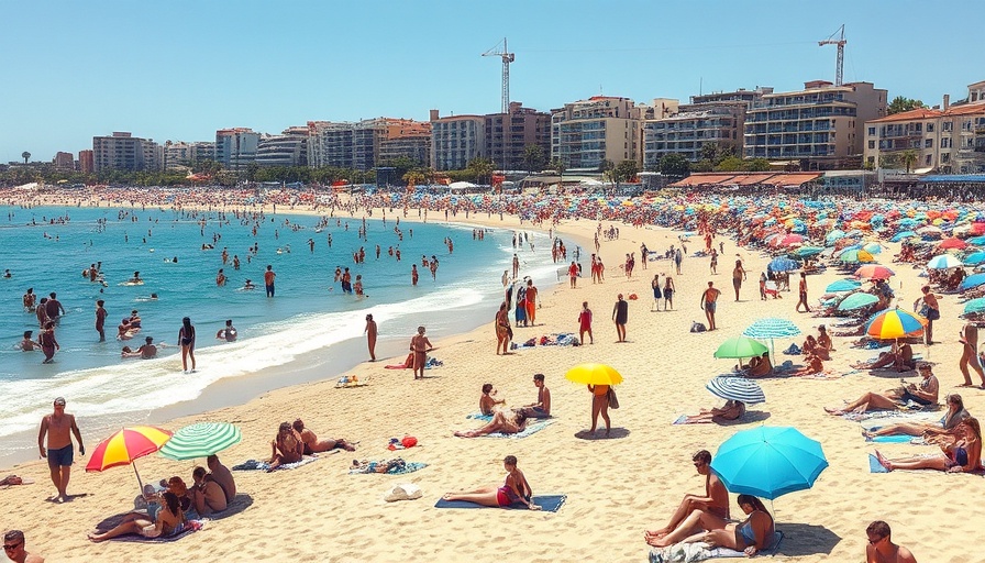 Crowded beach scene with sunbathers and swimmers enjoying a holiday.