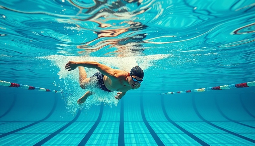Swimmer demonstrating freestyle stroke technique underwater, breaking 2:00 in triathlon.