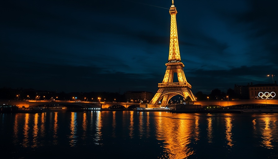 Eiffel Tower lit up at night with Olympic rings for Paris 2024.