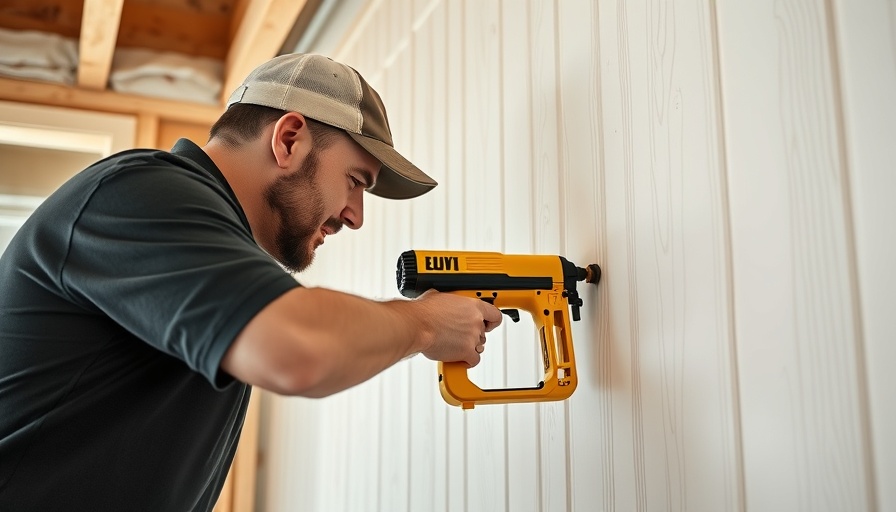 Man installing DIY beadboard wall paneling in a construction setting.